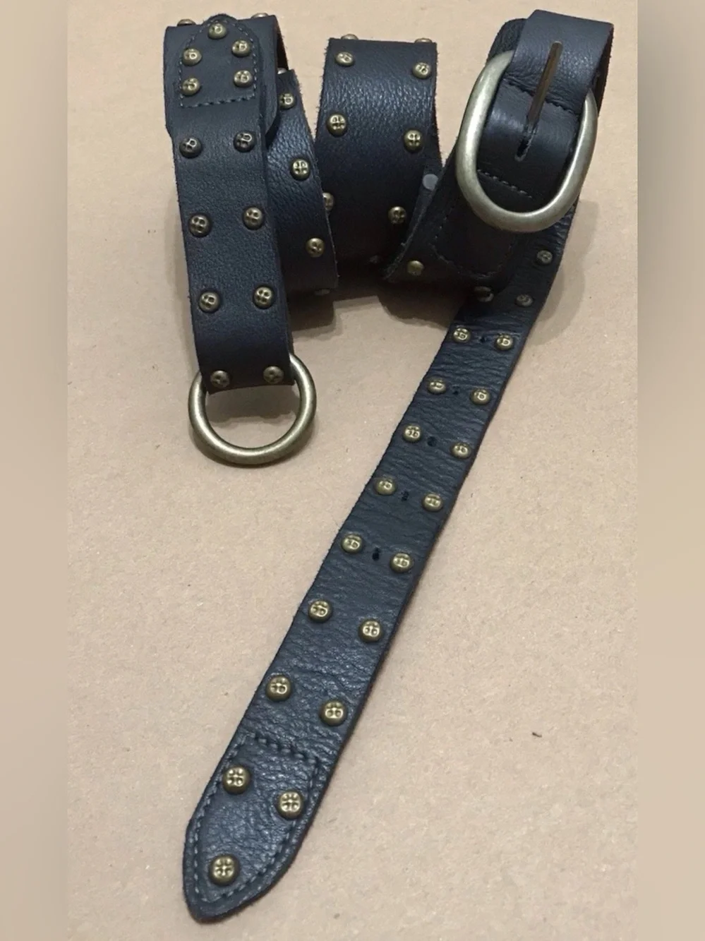 Free People Black Leather Belt Brass Buckle Studded Boho Western One size